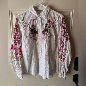 Cinch White and Pink Embroidered Women's Button Down Shirt